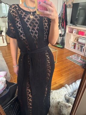 Black Crochet Belted Maxi Dress - M